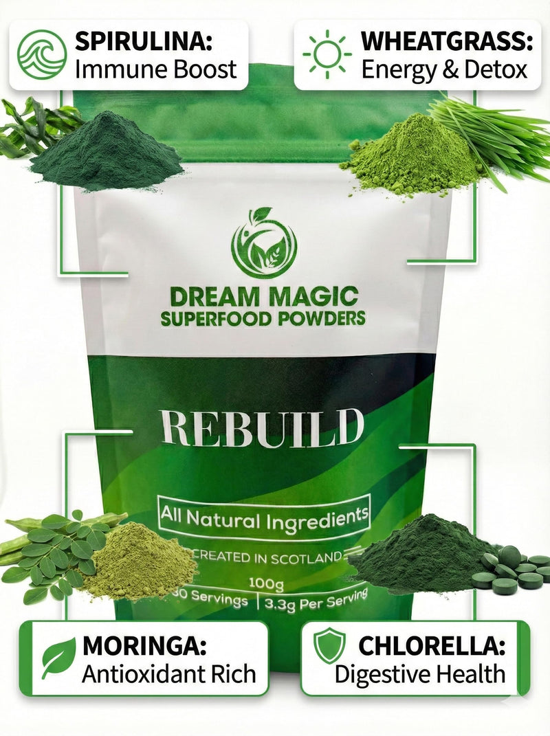 Green Superfood Powder, 30 Servings | Gut Health, Digestion & Immune Support | Vegan Daily Greens with Spirulina, Chlorella, Moringa & Wheatgrass | Great for Smoothies | 100g