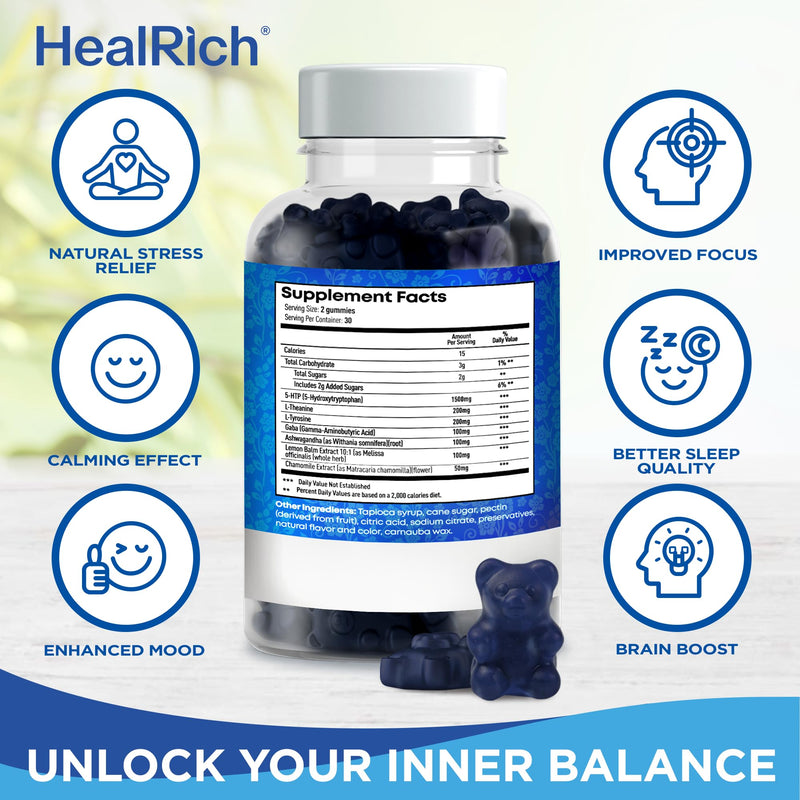 [Australia] - Stress Relief Gummies - 1500MG 5HTP with L-Theanine Gaba & L-Tyrosine - Ashwagandha Herbal Supplement Supports Intellectual Alertness Vegan Brain Mood Booost Supplements for Kids & Adults Made in USA 60 Count (Pack of 1) 