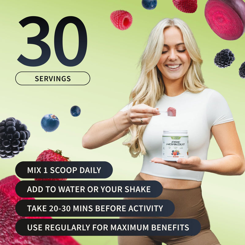 Snap Supplements Pre Workout Beet Root Powder, Nitric Oxide Supplements for Men and Women - Energy and Circulation Support, 8.8 oz, (30 Servings,1 Month Supply), Mixed Berry