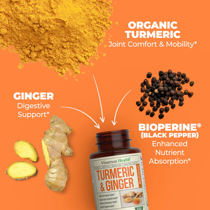 [Australia] - Tumeric and Ginger with Black Pepper - Natural Turmeric Curcumin Joint Support Supplement with Bioperine & 95% Curcuminoids. High Absorption Curcumin Supplements. Digestive & Immune Support. 60 Caps Turmeric Ginger Capsules 