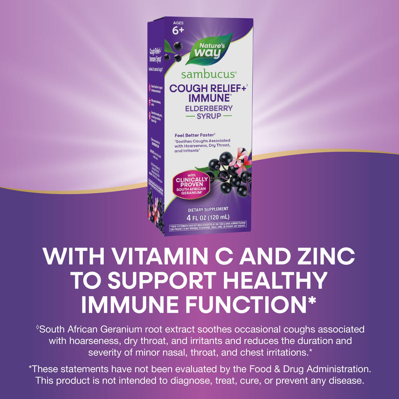 Nature's Way Sambucus Cough Relief +(1) Immune* Syrup, Vegan, 4 fl oz | Feel Better Faster(1) Clinically Proven South African Geranium, with Elderberry Extract, Vitamin C & Zinc 4 Ounce