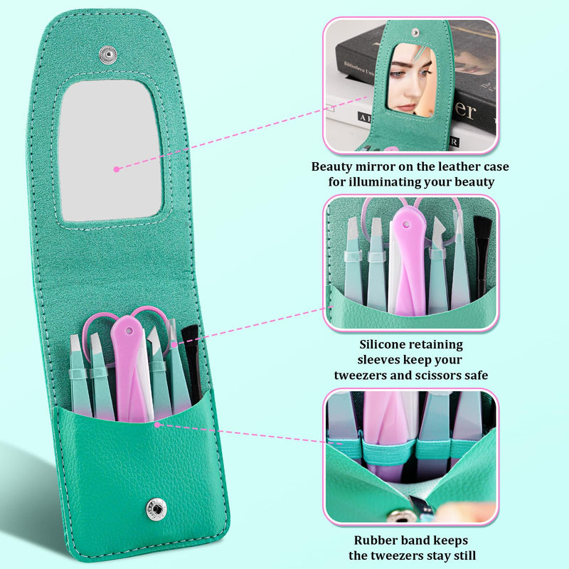 [Australia] - Tweezers Set 7 Pieces for Women - Precision Tweezers with Travel Case - Stainless Steel Tweezers for Eyebrows with Scissors, Razor, Mirror for Ingrown Hairs (Pink/Blue) Pink/Blue 