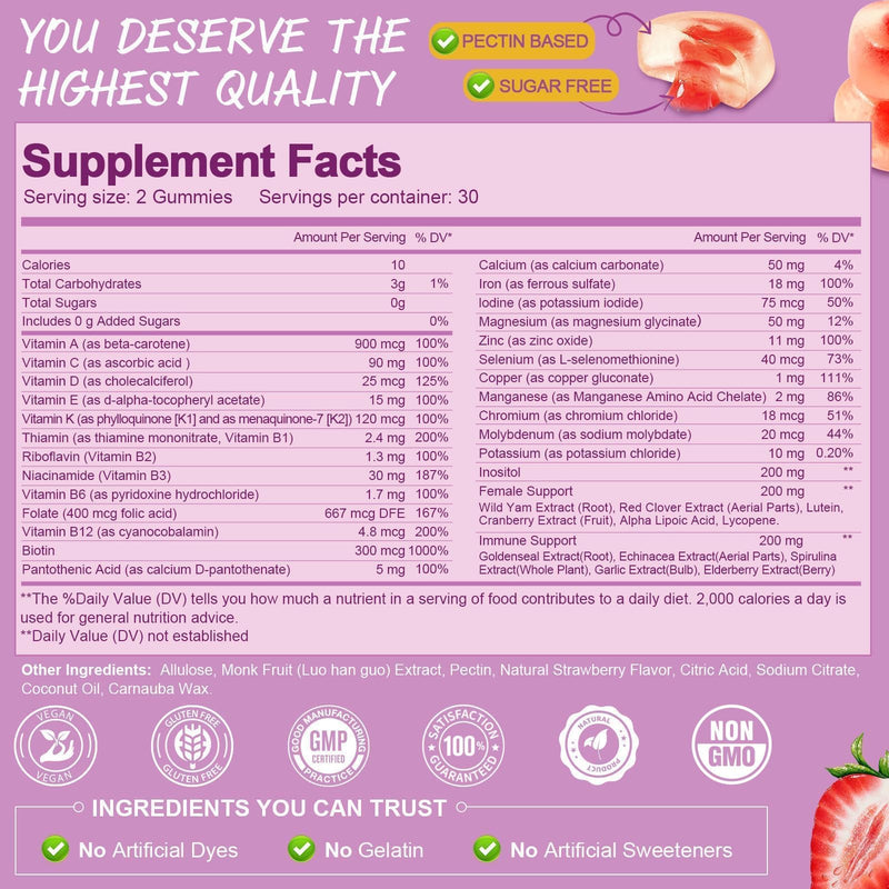 Totaria Sugar Free Multivitamin Gummies for Women 14+ w/Inositol, Iron, Folate, Biotin, Womens Daily Multivitamin Gummy w/Vitamin A, D, C, B, Support Hair, Skin, Energy, Immune, Strawberry Flavor 60 Count (Pack of 2)