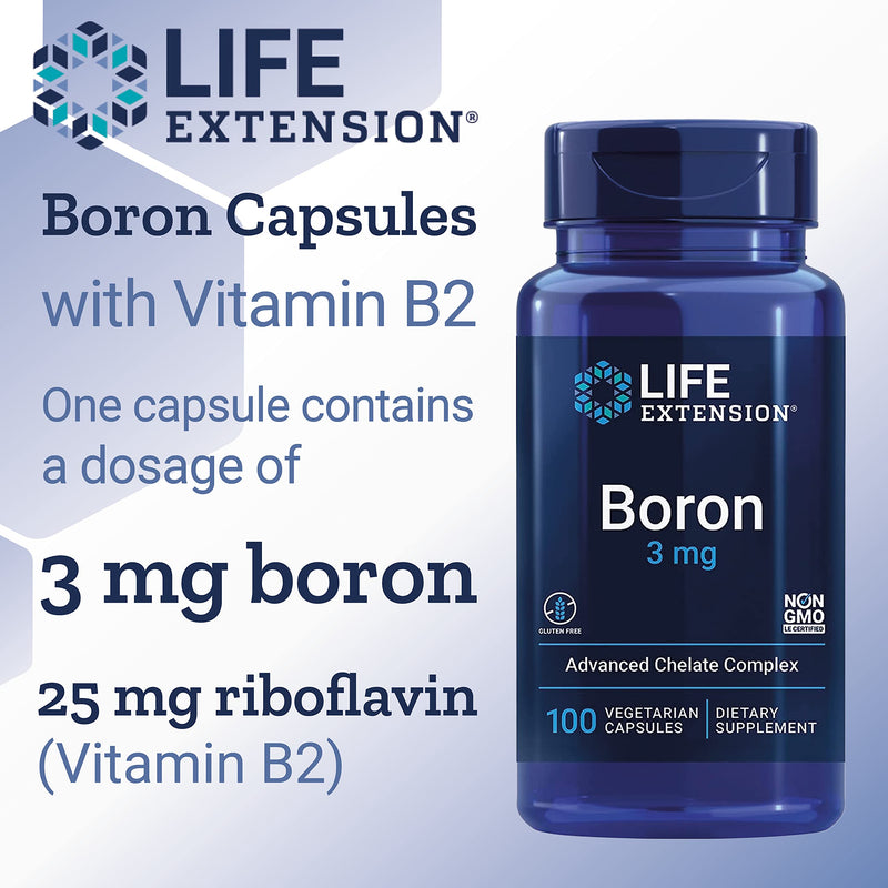 Life Extension, Boron, 3mg, with Vitamin B2, 100 Vegan Capsules, Laboratory-Tested, Gluten-Free, Vegetarian, SOYA-Free, Non-GMO