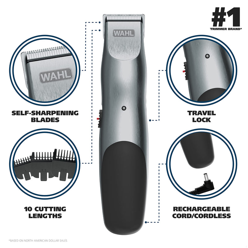 [Australia] - Wahl Groomsman Corded or Cordless Beard Trimmer for Men - Rechargeable Grooming Kit for Facial Hair - Beard Trimmer & Groomer - Model 9918-6171V Silver/Black 