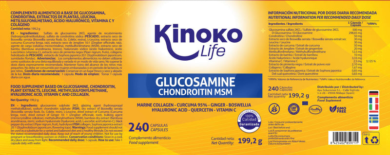 [Australia] - Kinoko life Glucosamine and Chondroitin - 240 capsules with MSM, marine collagen, hyaluronic acid, turmeric, black pepper, ginger, boswellia and quercetin. For joints, cartilage and bones 