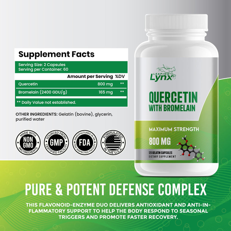 Leaping Lynx Quercetin with Bromelain – 800mg Quercetin + 165mg Bromelain | 120 Capsules (60-Day Supply) | Immune, Respiratory, and Seasonal Allergy Support | Antioxidant & Recovery Complex | Non-GMO