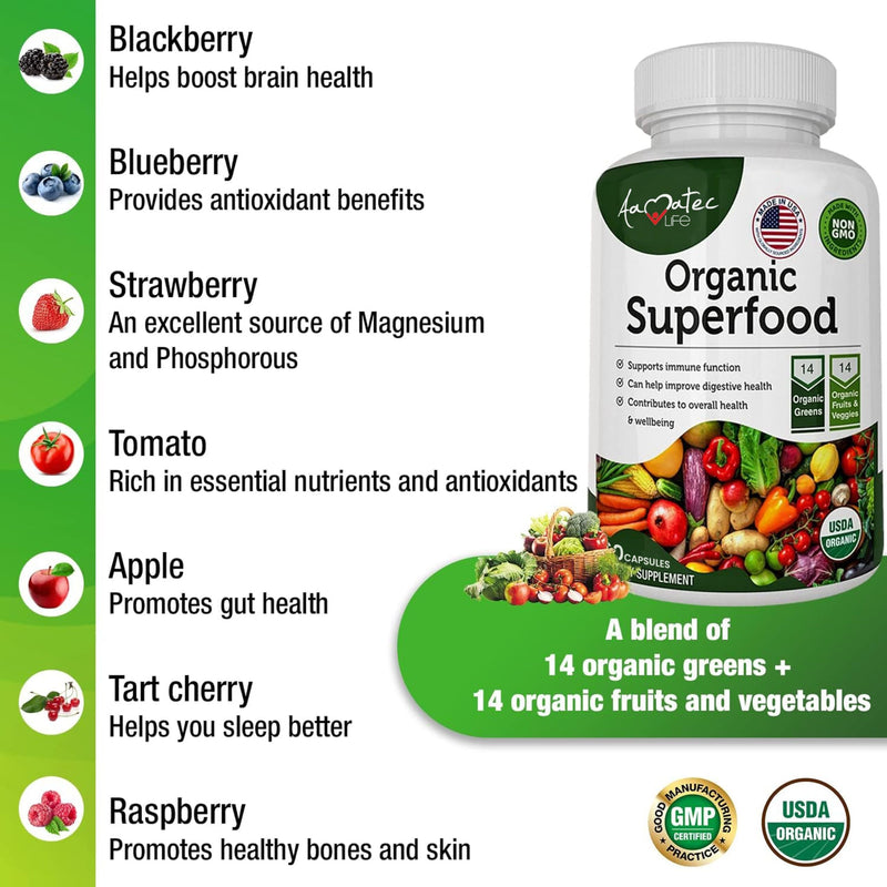 [Australia] - Organic Superfood Greens Fruits and Veggies Complex - Dietary Supplement with 14 Greens and 14 Fruits & Vegetables with Alfalfa Rich in Antioxidant Organic Ingredients Non-GMO 60 Capsules 60 Count (Pack of 1) 