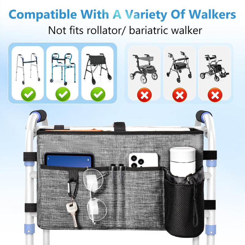 [Australia] - Rhino Valley Walker Bag, Multi Pockets Folding Walker Basket Tote Bag with Cup Holder, Hand-free Carry Pouch Storage Bag for Universal Walkers, Large Capacity Organizer for Seniors Elderly, Gray A Gray Big 