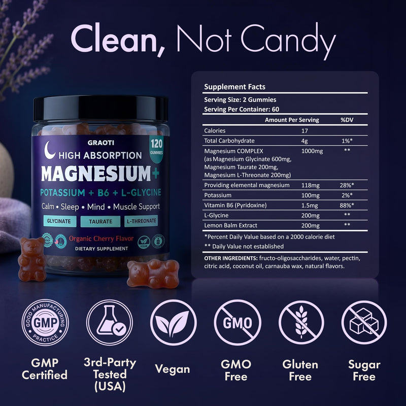 Magnesium Gummies 1000 mg/Serv with B6, Magnesium Complex, Chews for Relaxation, Stress Relief, Night Rest, Muscle & Cardio Support, Sugar Free, 120 Count, Cherry 120 Count (Pack of 1)