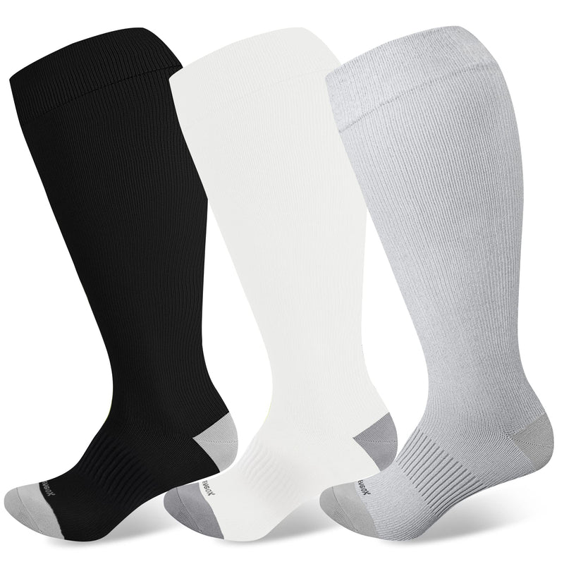 Levsox Plus Size Compression Socks Wide Calf Men&Women 20-30 mmhg Knee High Support Socks for Medical, Nurse, Prenancy, Travel 3 Pair-black/White/Gery2 Large