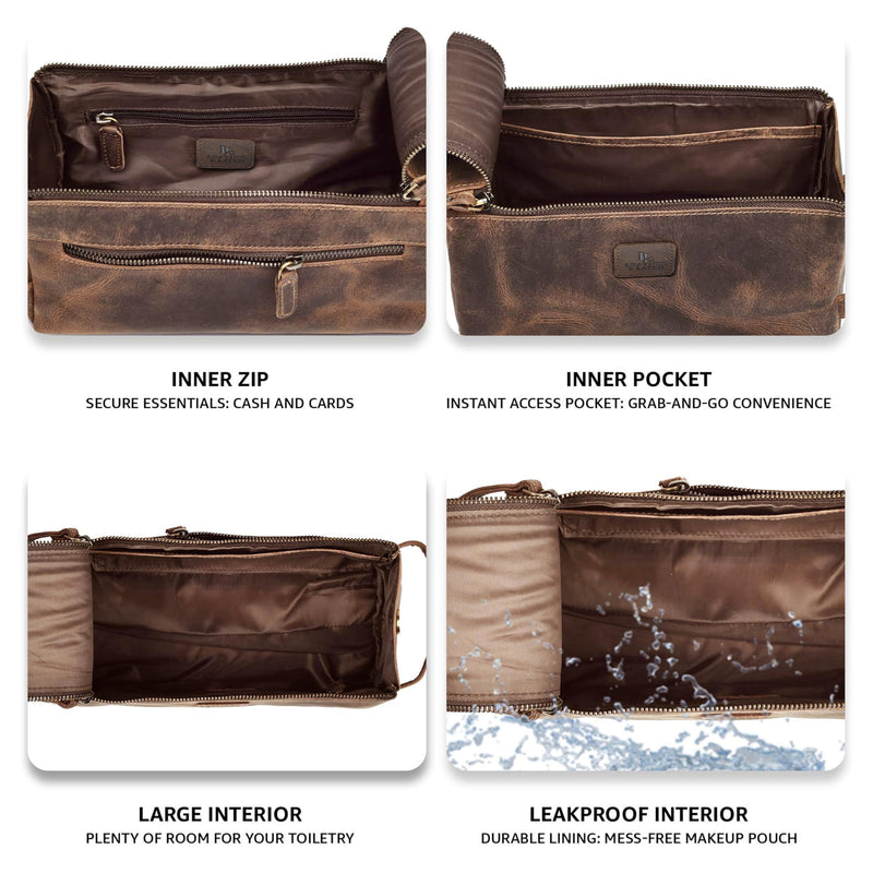 Full Grain Leather Toiletry Bag for Men & Women – Water-Resistant Travel Shaving Kit Organizer with YKK Zipper, Spacious Bathroom Grooming & Cosmetic Storage Case - Walnut Brown Distressed Brown