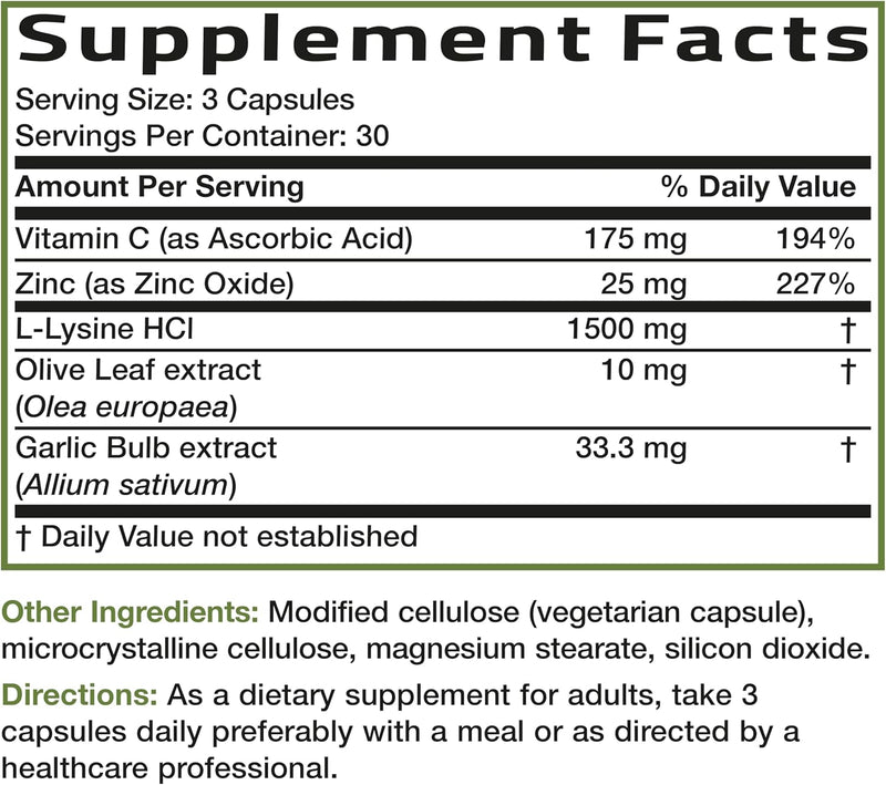 Lysine Rescue, Amino Acid Supplement L-Lysine Defense Immune Support Complex 1500 MG L-Lysine Plus Olive Leaf, Garlic, Vitamin C and Zinc