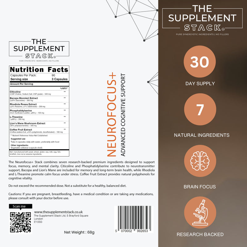 Neurofocus+ | 7-in-1 Brain Nootropic with Citicoline, Bacopa, Lion’s Mane, Rhodiola, L-Theanine, Phosphatidylserine & Coffee Fruit (Caffeine Free) - for Focus, Memory & Clarity