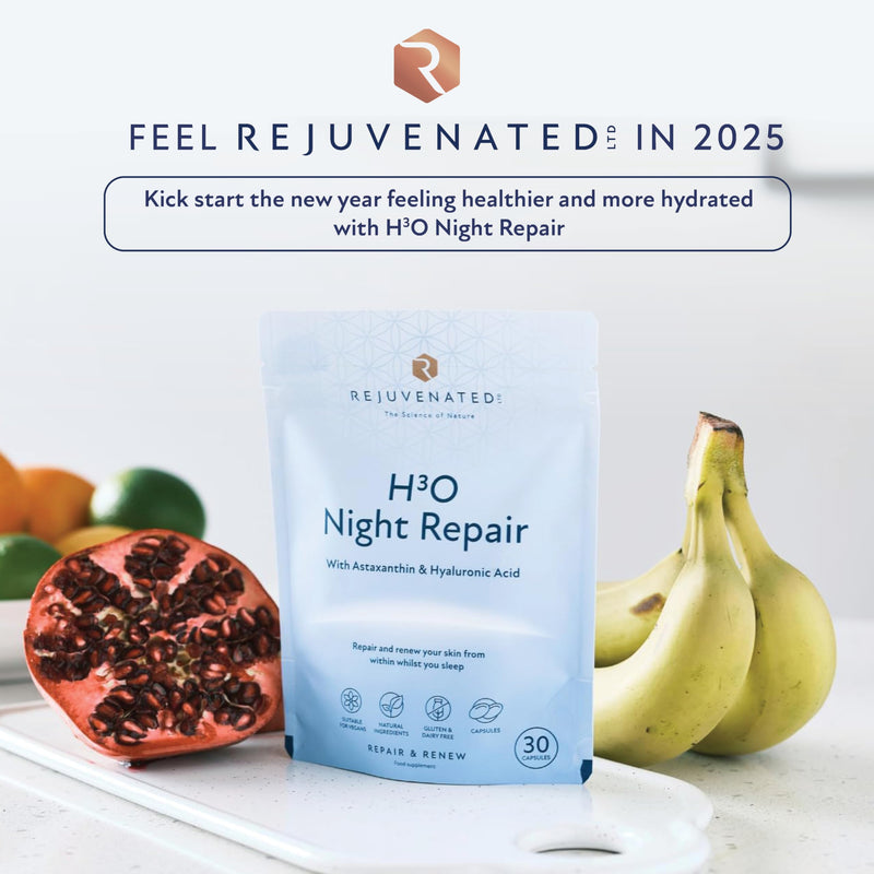 Rejuvenated H3O Night Repair - Antioxidants, Vitamins & Hyaluronic Acid Blend for Skin Hydration & Repair During Sleep with Astaxanthin & Hyaluronic Acid (30 Capsules) H30 Night Repair 30 count (Pack of 1)
