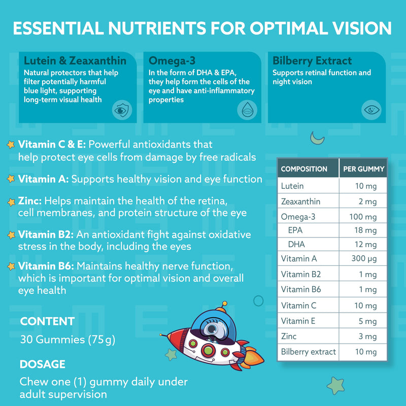 Macusan® Eye Health Gummies for Kids & Teens – Vision Support & Blue Light Protection with Omega-3, Lutein & Essential Vitamins – Sugar-Free, Berry Flavor – 30 Gummies