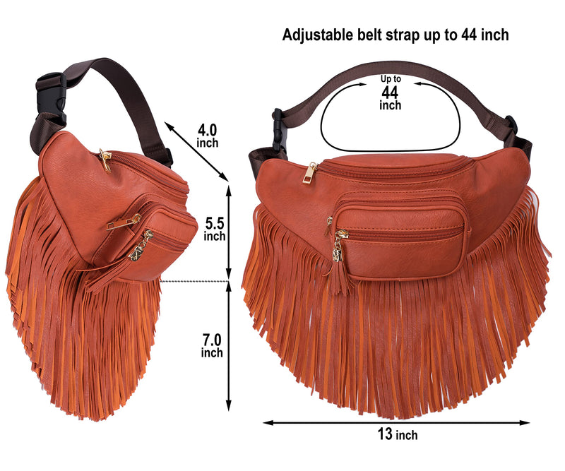 Fringe Waist bag for women with Multi Zipper Pockets Orange