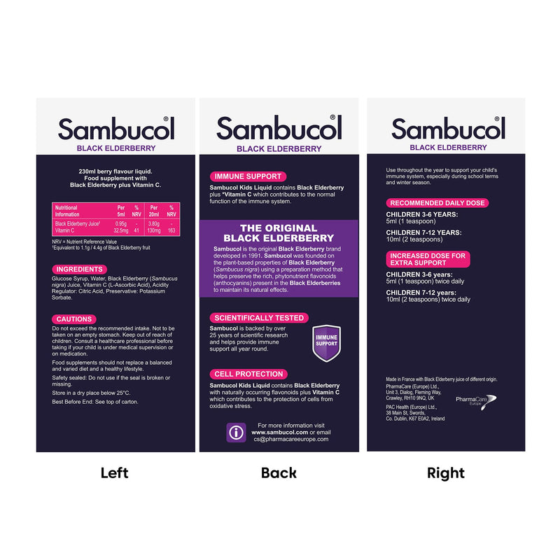 Sambucol Natural Black Elderberry Kids Liquid | Vitamin C | Immune Support Supplement | 230ml 230 ml (Pack of 1)