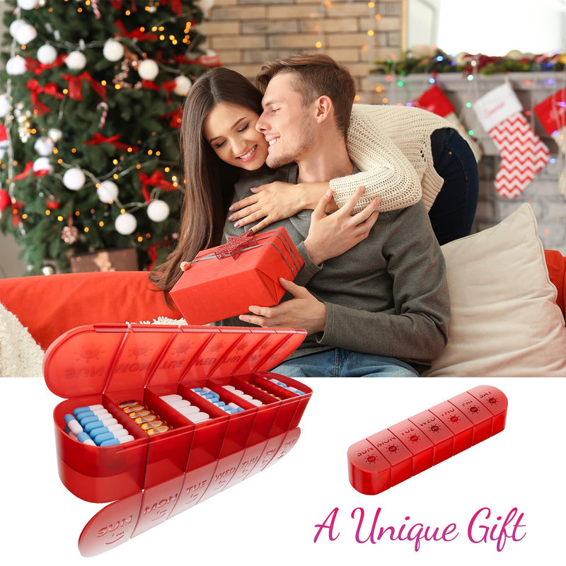 2 Layers Weekly Pill Organizer 2 Times a Day, Travel Medicine Pill Organizer, Pill Box Case 7 Day AM PM, Pill Container for Vitamins, Fish Oil, Supplements and Medication, Red