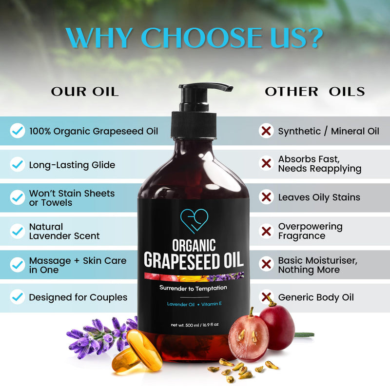 Organic Grapeseed Massage & Body Oil, Lavender & Vitamin E, 16.9 fl oz | Lightweight, non-greasy body and skin oil for massage, aromatherapy and moisturizing. Cold-pressed. 500 ml (16.9 fl oz) 16.9 Fl Oz (Pack of 1)