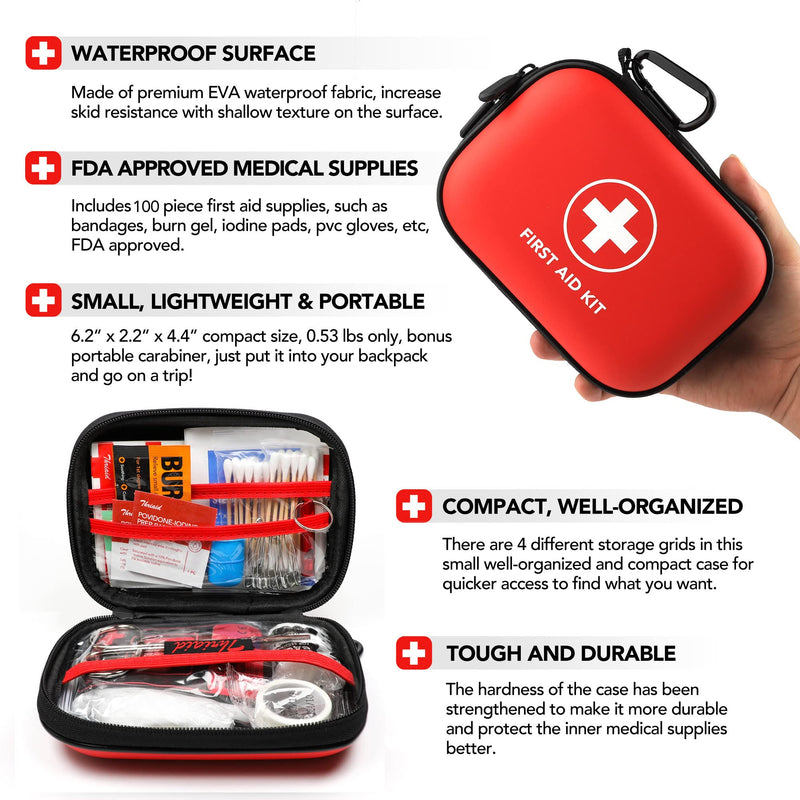 [Australia] - Mini First Aid Kit, 100 Pieces Water-Resistant Hard Shell Small Case - Perfect for Travel, Outdoor, Home, Office, Camping, Hiking, Car (Red) Red 