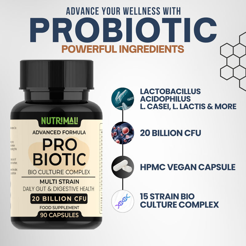 Probiotics – Advanced Bio Culture Complex | 20 Billion CFU – 15 Strain Daily Gut & Digestive Health Supplement | 3 Month Supply – 90 Vegan Capsules | Ideal with Prebiotics – Made in UK