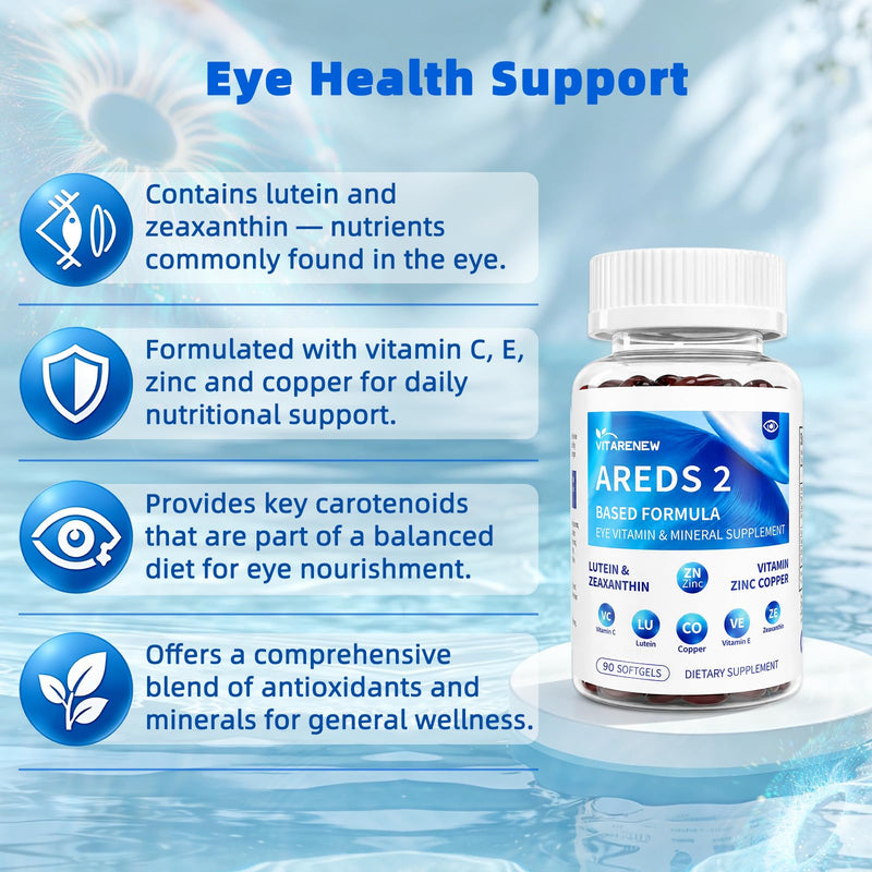 AREDS 2 Eye Vitamin & Mineral Supplement — Lutein & Zeaxanthin with Vitamin C, E, Zinc & Copper for Blue Light Protection, Eye Health Support — Beta-Carotene Free — 90 Softgels 90 Count (Pack of 1)