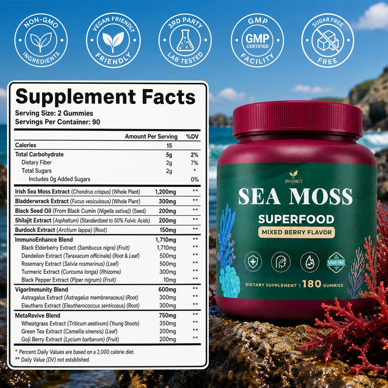 Sea Moss Gummies, 15-in-1 Natural Irish Seamoss Gummies for Adults & Kids | with Shilajit, Elderberry, Bladderwrack, Burdock Root, Turmeric for Immune, Energy, Detox & Metabolism, 0 Sugar, 180 Count 180 Count (Pack of 1)