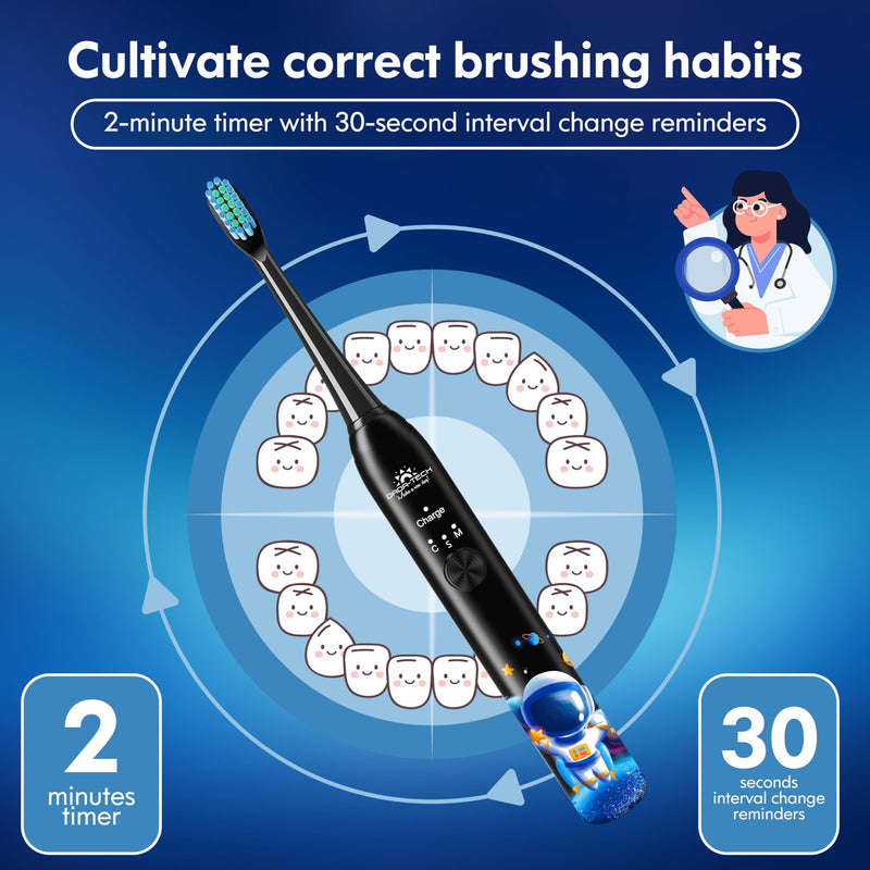 [Australia] - DADA-TECH Kids Electric Toothbrush Rechargeable, Soft Tooth Brush with Timer Powered by Sonic Technology for Children Boys and Girls Age 3+, Waterproof and 3 Modes (Astronaut Black) Astronaut (Black) 
