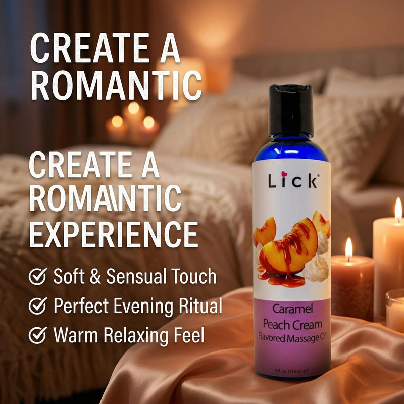 Caramel Peach Cream Flavored Massage Oil – Tropical Edible Massage Oil with Sweet Almond Oil & Vitamin E, Hydrating Body-Safe Formula for Relaxing Couples Massage, 4 oz