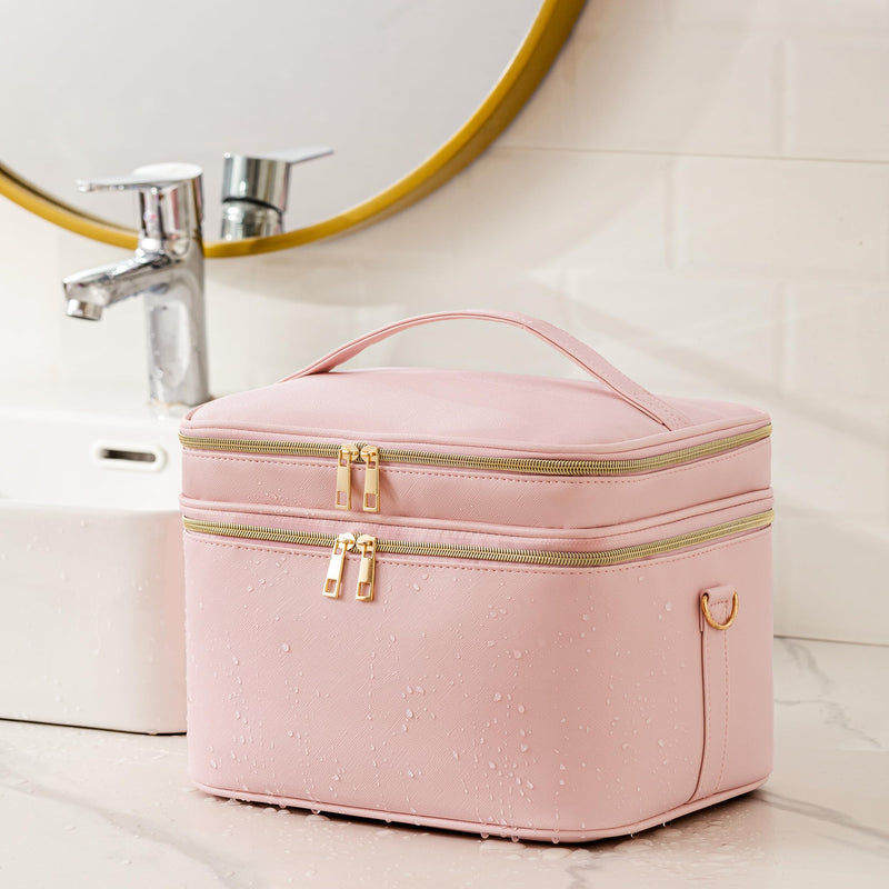 HBlife Extra Large Double Layer Travel Makeup Bag Portable Leather Cosmetic Bag Make Up Bag Makeup Case Organizer Toiletry Bag for Women Girls with Handle, Removable Divider and Shoulder Strap(Pink) Pink