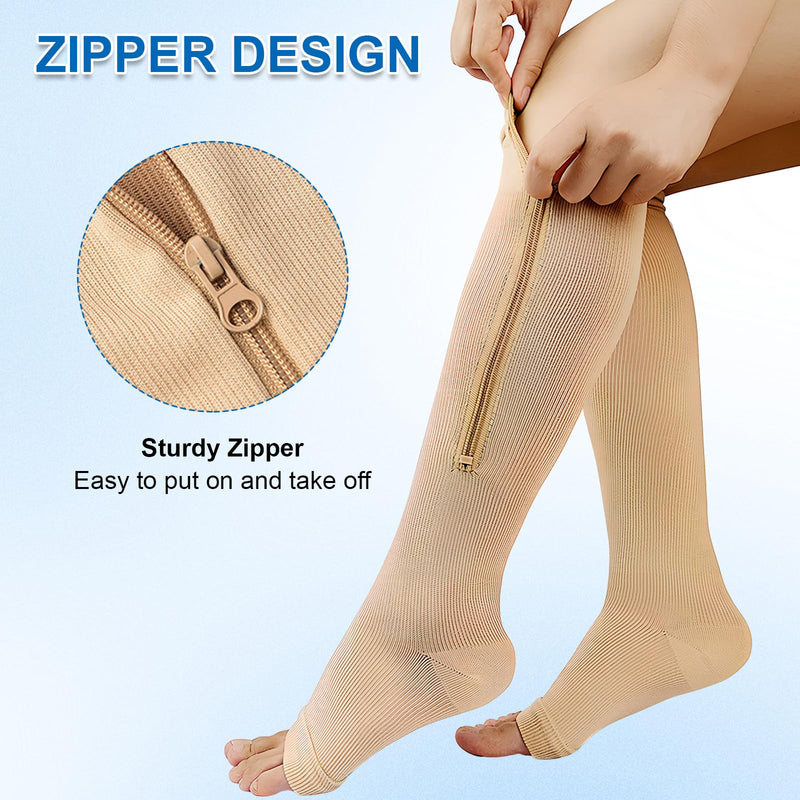 [Australia] - Naapesi 2 Pairs Zip Compression Socks, Zip Compression Socks, Calf Height, Open Toe Support Stockings for Varicose Veins, Edema, Recovery, Pregnant 