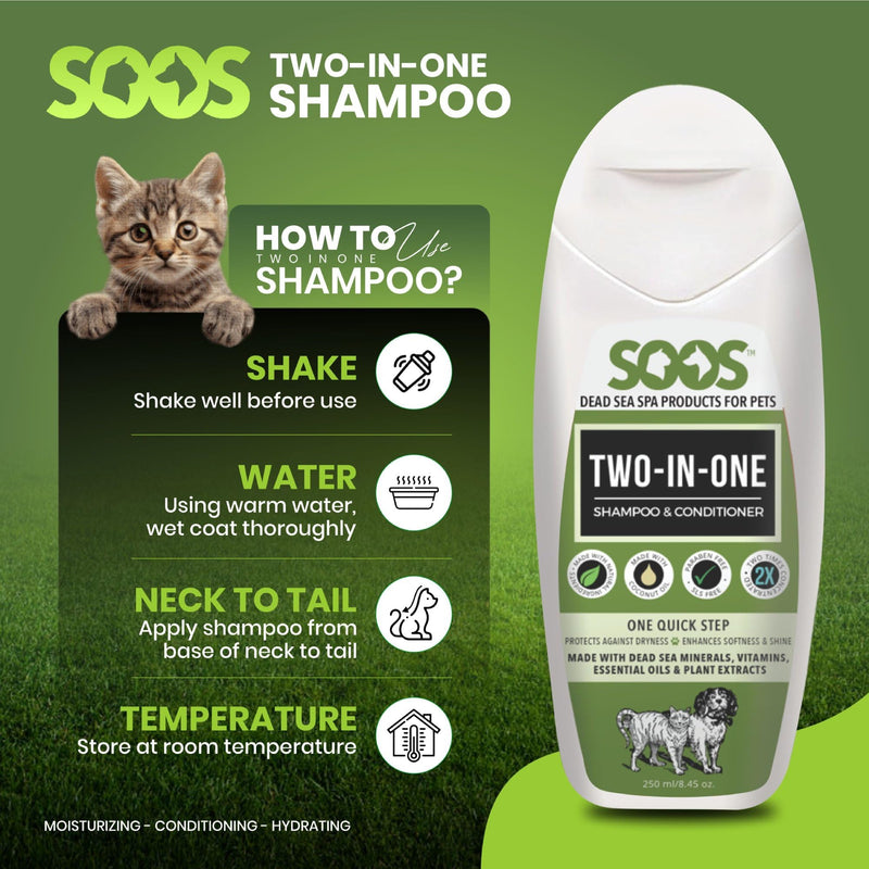 Soos Pets Two-in-One Shampoo Plus Conditioner for Dogs & Cats | 2-in-1 Natural Dead Sea Minerals | Cleansing & Moisturizing Formula | Gentle on Skin, Promotes Soft Shiny Coat - 250ml - PawsPlanet Australia