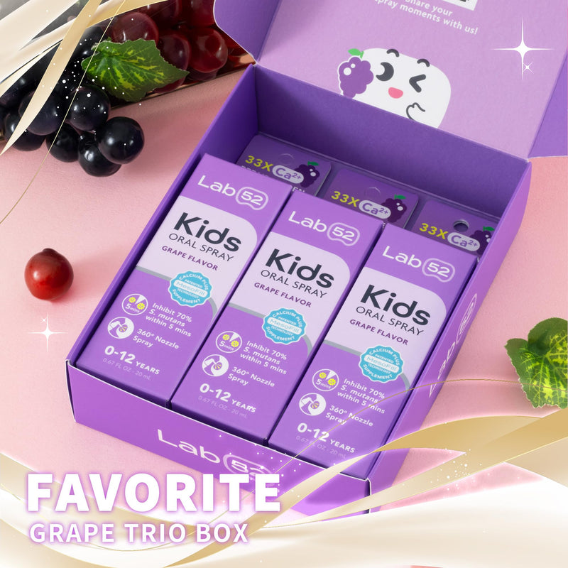 LAB52 Kids Oral Spray Gift Box, Toddler Toothpaste Helper for Daily Oral Care and Fresh Breath, Children Approved with Fluoride Free for Newborn to Preschoolers, Xylitol Grape Flavor (3 Packs) C. Gift Box - Grape