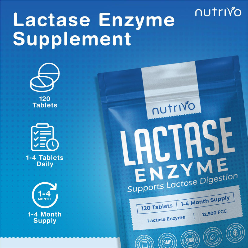 Nutrivo Lactase Tablets | High Strength Lactose Intolerance Tablets 12,500 FCC | 1-4 Month Supply | Lactase Enzyme | Support Dairy and Lactose Digestion