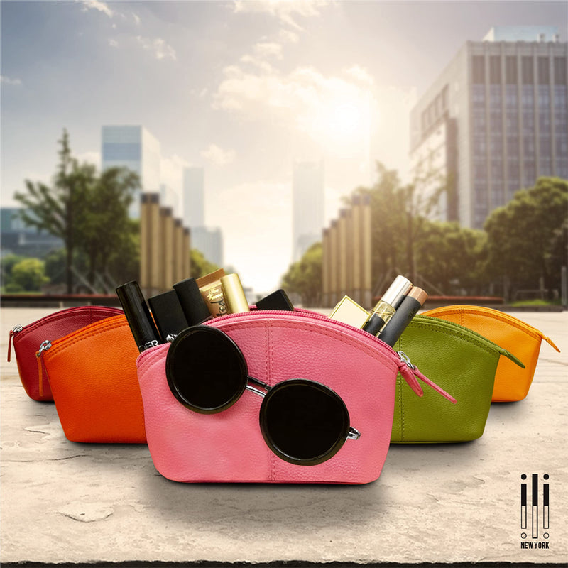ili New York Leather Genuine Cosmetic Pouch wiht RFID Protection - Black & Red