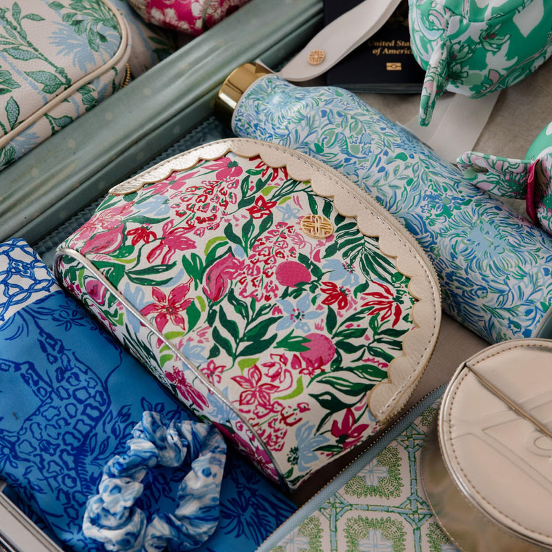 Lilly Pulitzer Vegan Leather Zipper Pouch Set of 2, Large and Small Travel Toiletry Bags with Scallop Edges for Supplies, Makeup or Toiletries (Glowing Garden/Feeling Poppy)