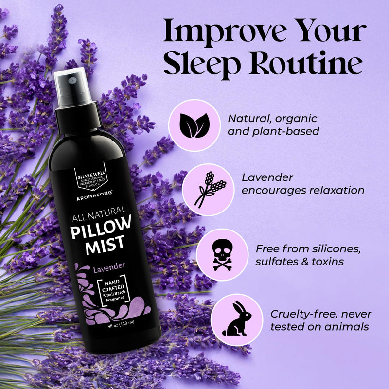 [Australia] - Aromasong Lavender Pillow Spray for Sleeping - All Natural Calming Linen & Bedtime Sleep Mist for Deep Sleep - Pillow Spray Aromatherapy with Botanical Essential Oils for Relaxing Stress 4 Fl Oz (Pack of 1) 