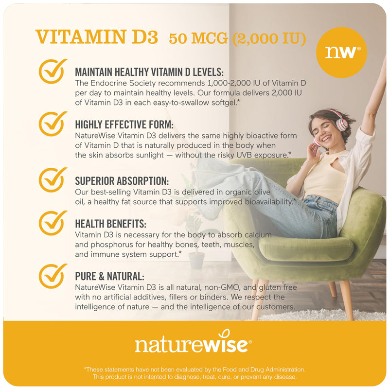NatureWise Vitamin D3 2000iu 360 Count and Vitamin B12 1000mcg 60 Softgels for Energy, Immune Support and Healthy Muscle Function