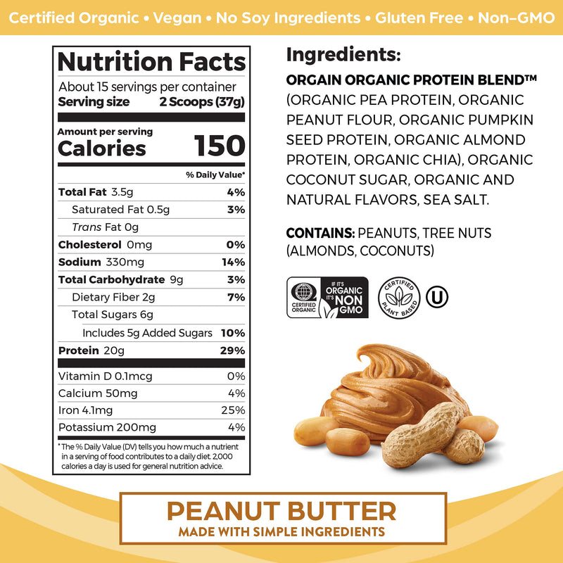 [Australia] - Orgain Organic Simple Vegan Protein Powder, Peanut Butter - 20g Plant Based Protein, Made with less Ingredients, No Artificial Sweeteners, Gluten-Free, Non-GMO, No Dairy or Lactose Ingredients, 1.25lb 15 Servings (Pack of 1) 