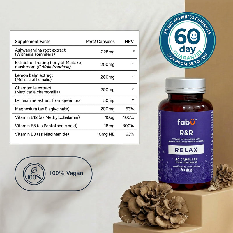fabÜ R&R Relax - Supplement with Ashwagandha Capsules & Magnesium for Relaxation - Botanical Blend with B Vitamins, Lemon Balm & Chamomile for Stress Relief & Sleep Support - 60 Capsules