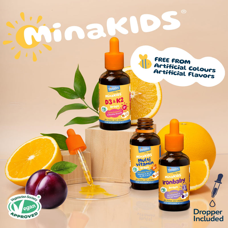 MinaKids 3 Pack Bundle (60 ml x 3) | Multivitamin + Ironbaby + D3+K2 Drops | Liquid Supplements for Kids & Children | Immunity, Energy & Bone Support | Sugar-Free | Vegan | Natural Flavours