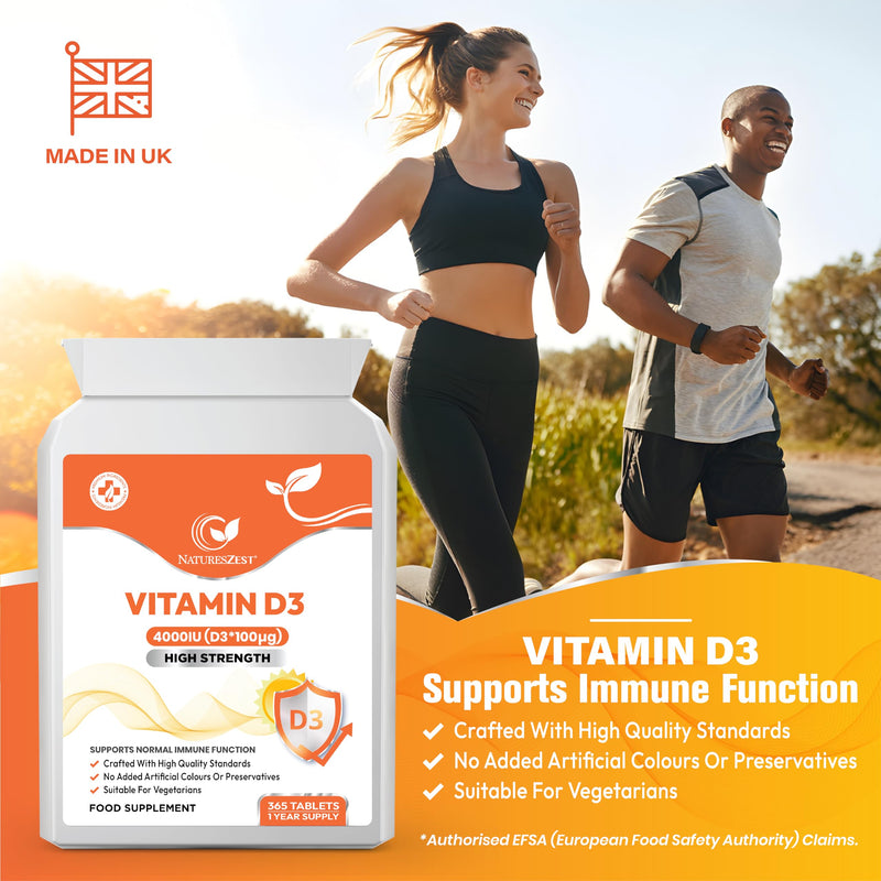 NATURES ZEST - Vitamin D3 4000 IU (100µg), High Strength D3 Vitamin for Calcium Absorption, Immune Support, Strengthen Bones, Teeth & Muscles | Vegetarian, Easy to Swallow, 365 tabs (1 Year Supply)