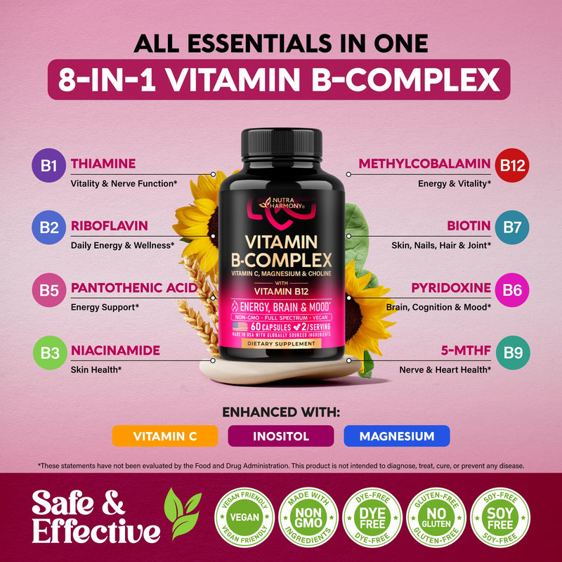 Vitamin B Complex for Men & Women - Full B-Complex & Vitamin B12 - 60 Caps | B1, B2, B3, B5, B6, B7, B9, B12 with Vitamin C, Magnesium, Choline, Inositol - Energy, Brain & Mood Support Supplement 60 Count (Pack of 1)