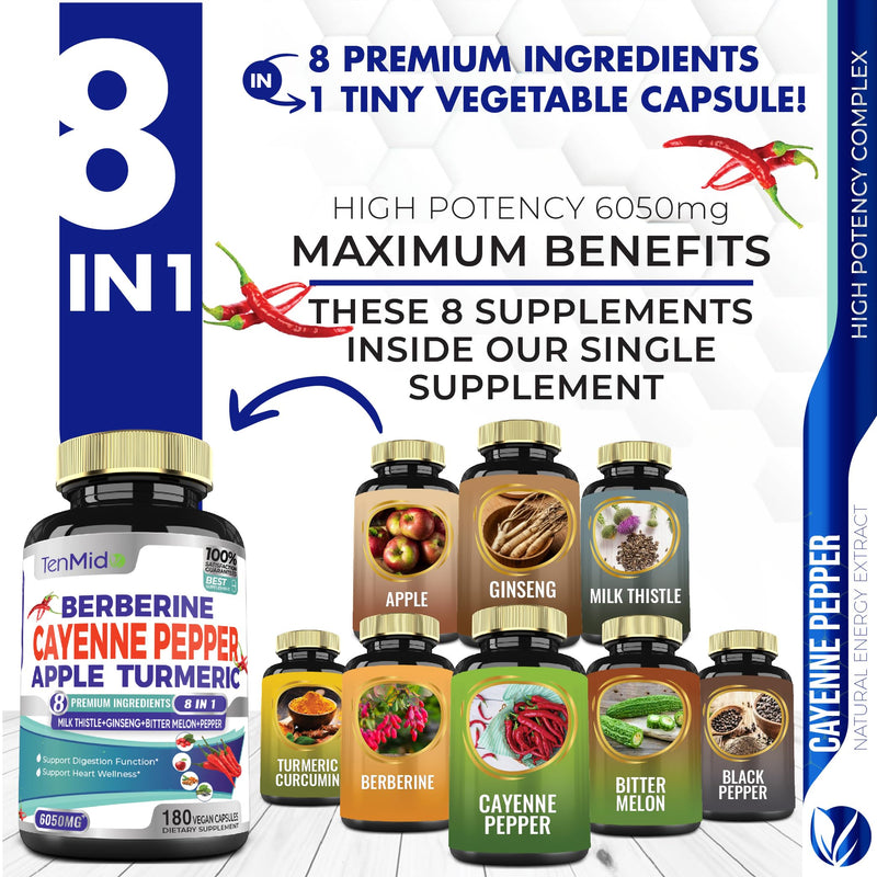 [Australia] - Cayenne Pepper Supplements Extract Capsules 6050mg, 180 Capsules & Berberine, Apple, Turmeric Curcumin, Bitter Melon, Ginseng, Milk Thistle| Supports Heart Health, Promotes Digestive Function 