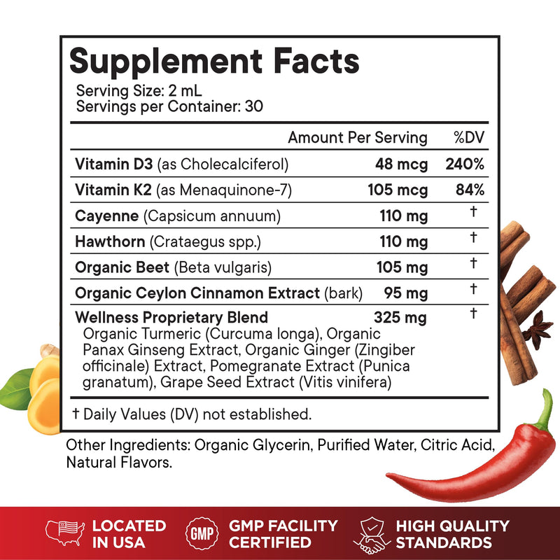 Cayenne Pepper Supplement Liquid Drops + Hawthorn Berry, Vitamin D3 K2 Beet Root Powder, Ceylon Cinnamon, Turmeric Curcumin, Organic Panax Ginseng - 8 OZ 8 Fl Oz (Pack of 4)