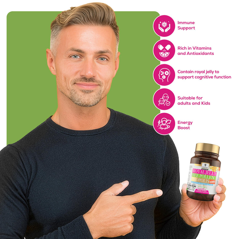 Bee and You Chewable Royal Jelly Tablets with Propolis Extract, Bee Pollen, Vitamins and Minerals, Daily Immune and Energy Support, Gluten Free, for Kids and Adults, 60 Count