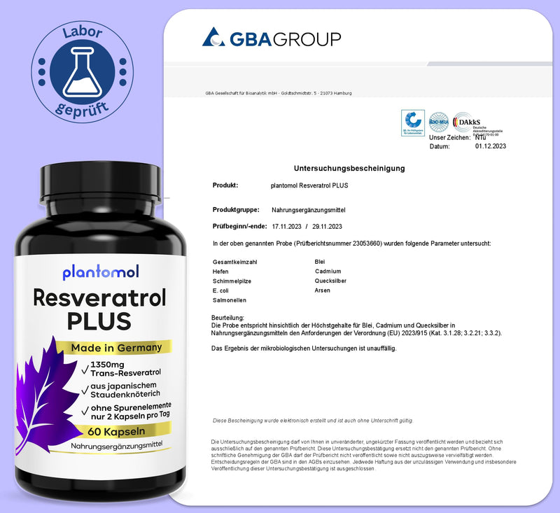 [Australia] - 60 Resveratrol PLUS capsules with 1350 mg resveratrol high dosage with 100:1 extract ratio - pure Resveratrol PLUS complex from plantomol® - only 2 capsules/day - high dosage with piperine - vegan 60 pieces (pack of 1) 