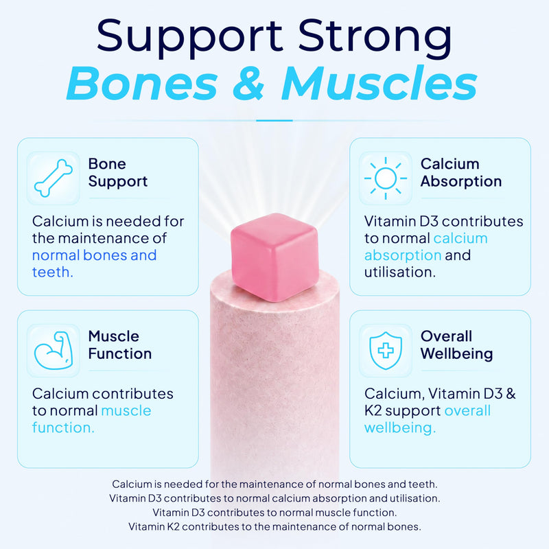 Calcium Gummies 450mg with Vitamin D3 & K2 – Bone Health, Teeth & Muscle Function Support – High Strength Calcium Supplement – Vegan, Strawberry Flavour – 60 Gummies