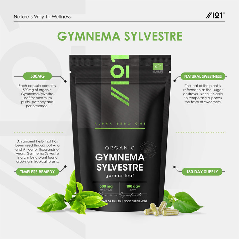 Organic Gurmar (Gymnema Sylvestre) 500mg – 180 Vegan Capsules (3 Month Supply) – High Strength Gurmar Leaf Supplement – Resealable and Recyclable Pouch by Alpha01 1 count (Pack of 180)